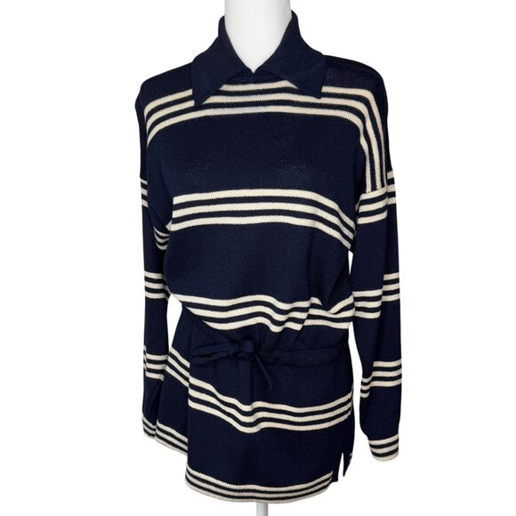 Vintage St. John Navy Striped Knit Collared Waist Tie Sweater Top Small - Picture 1 of 7